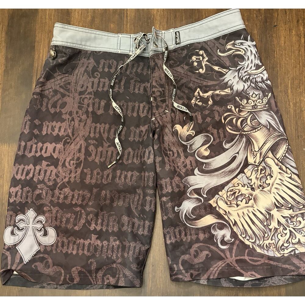 Affliction Y2K Board Shorts Mens 34 Maroon Red Logo Lion Shield Swimming Skull